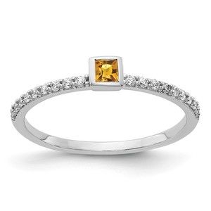 14k White Gold Diamond and Princess Citrine (November Birthstone) Ring Size 7